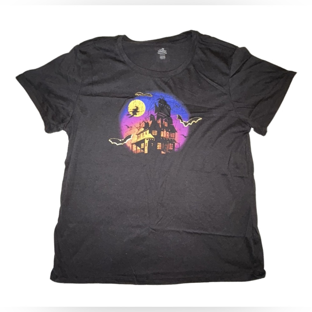 Black and Colorful Haunted House Halloween Women’s T-Shirt Size Large